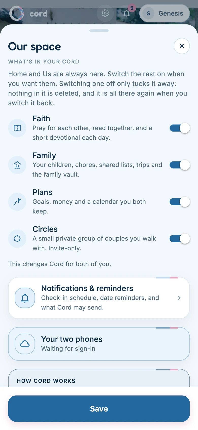 Settings in Cord: Home and Us are always on, and each other area switches on or off.