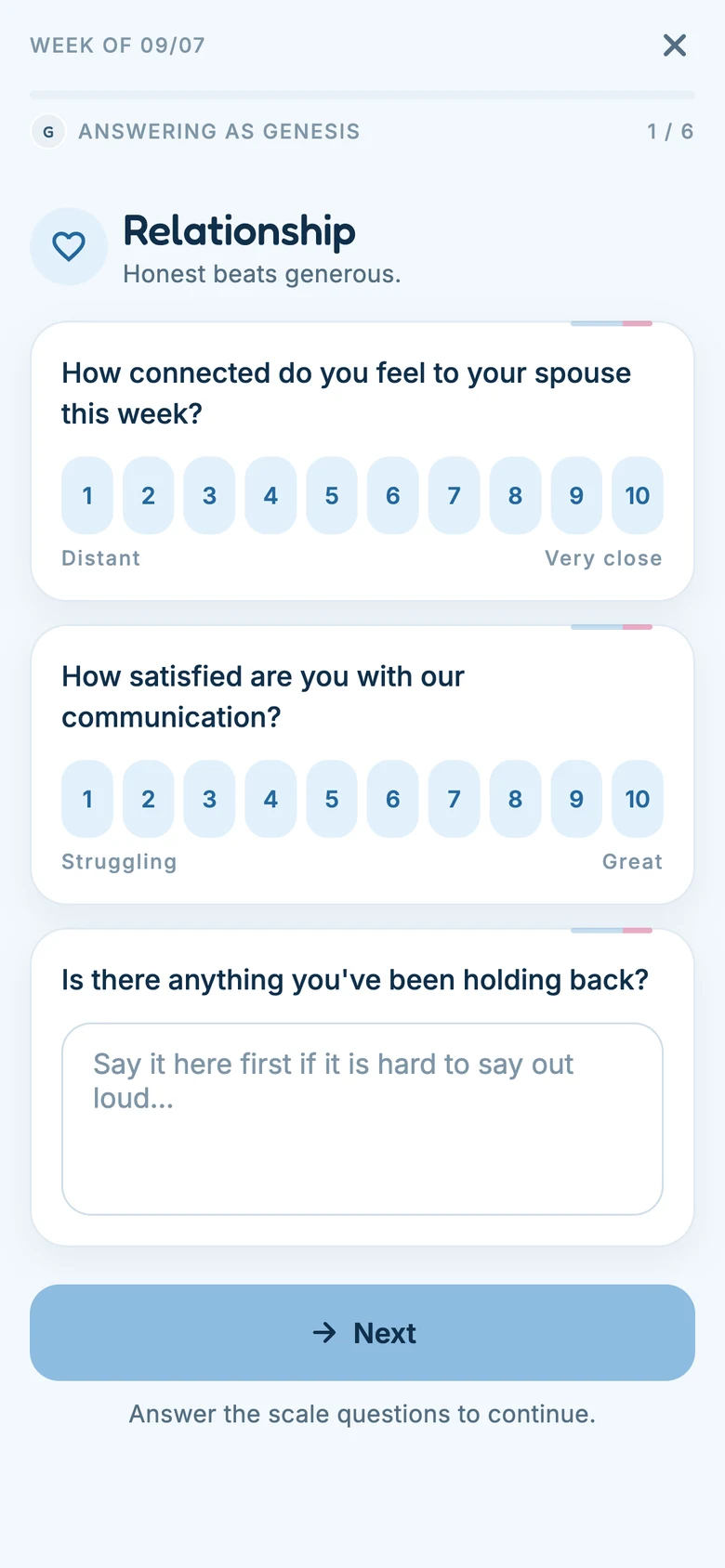 The check-in flow, answering one area at a time.