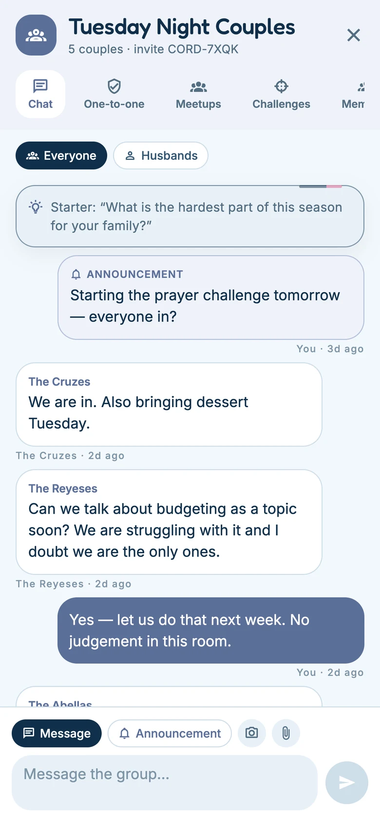 A circle conversation showing the Everyone and Husbands rooms.