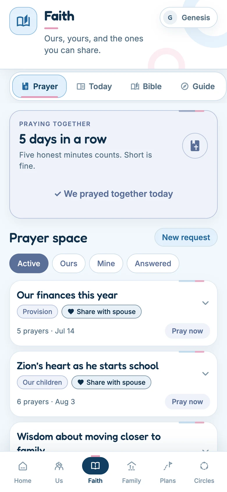 The Faith tab with the shared prayer space.