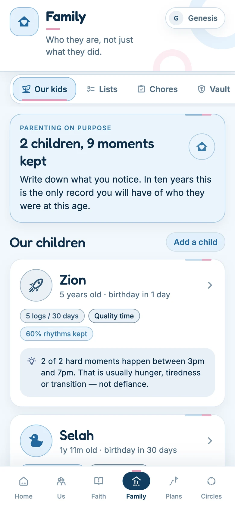 The Family tab showing the children's profiles and parenting notes.