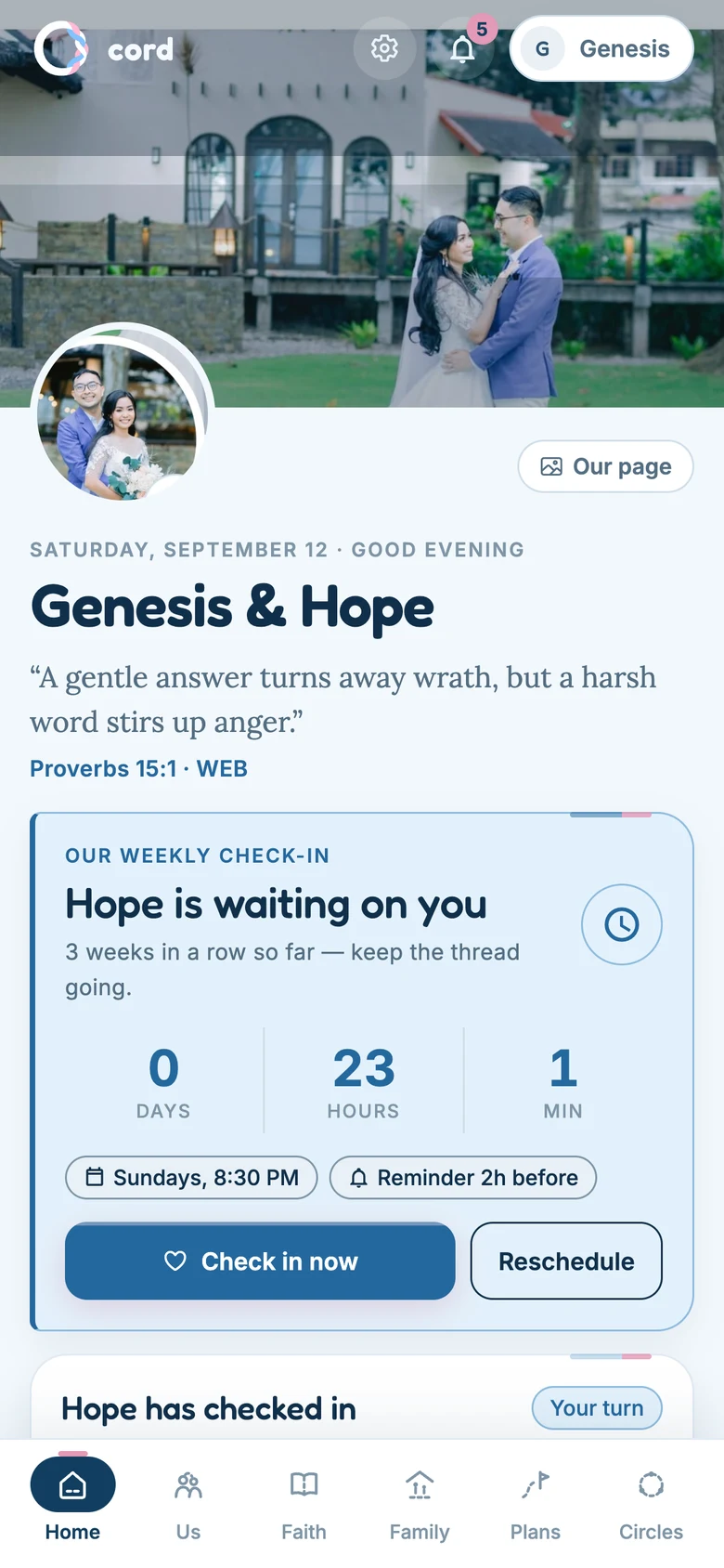 The Cord home screen with the countdown to this week's check-in.