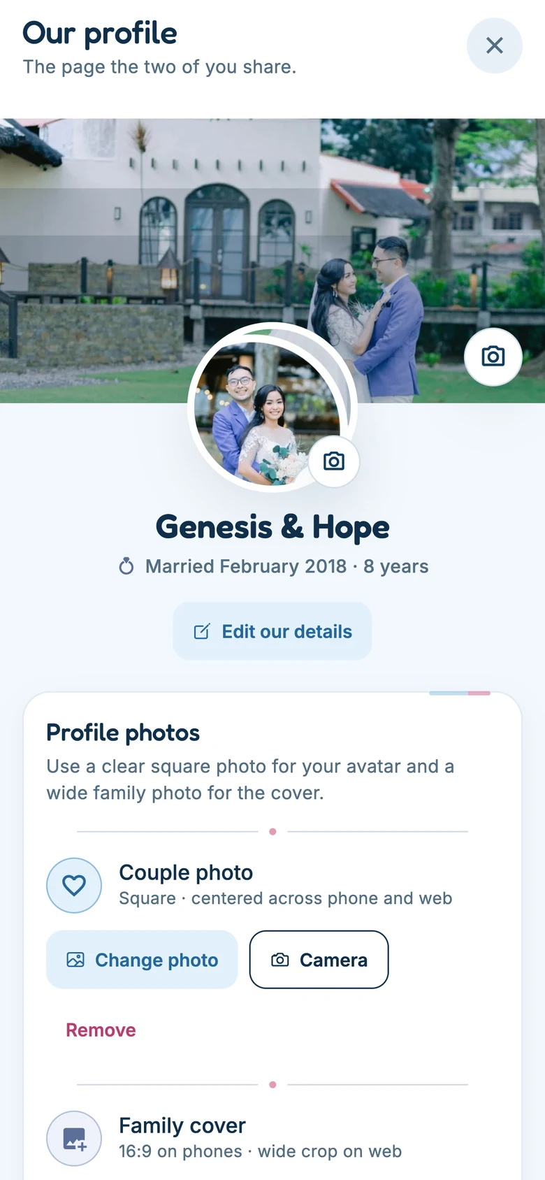 The couple profile screen, showing both partners and the shared page.
