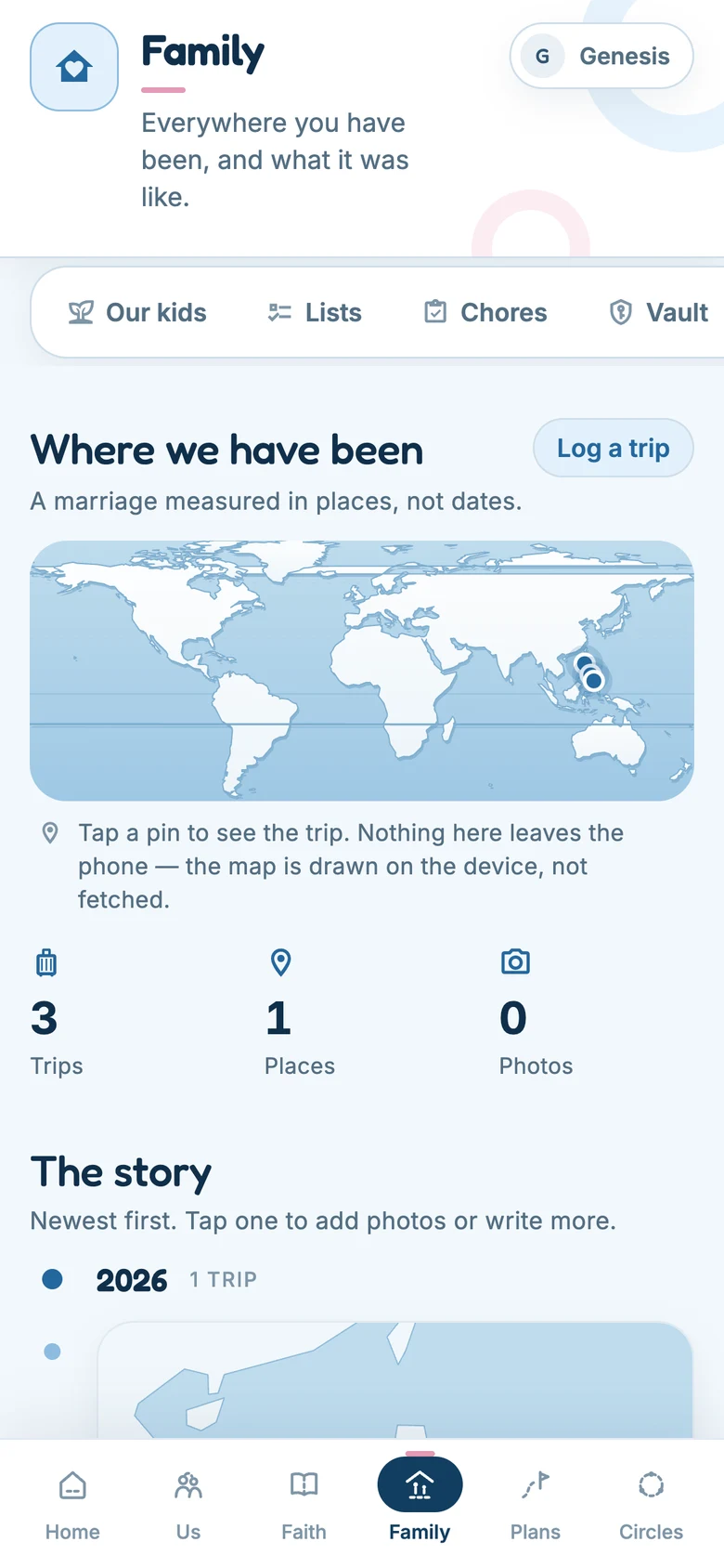 The travel map, showing everywhere the couple has been.