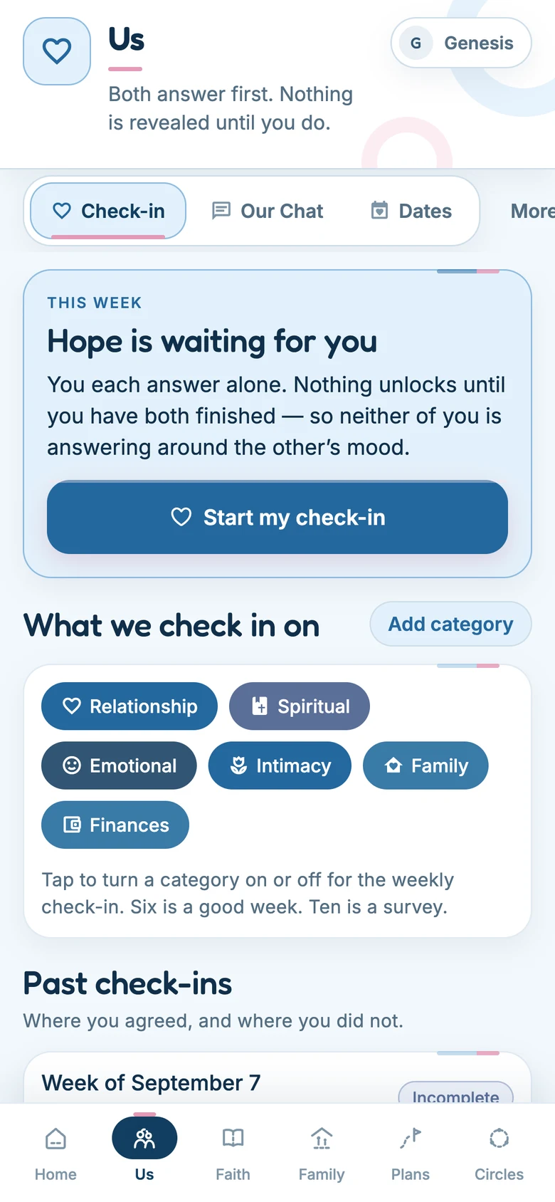 The Us tab, showing that both partners must answer before anything is revealed.